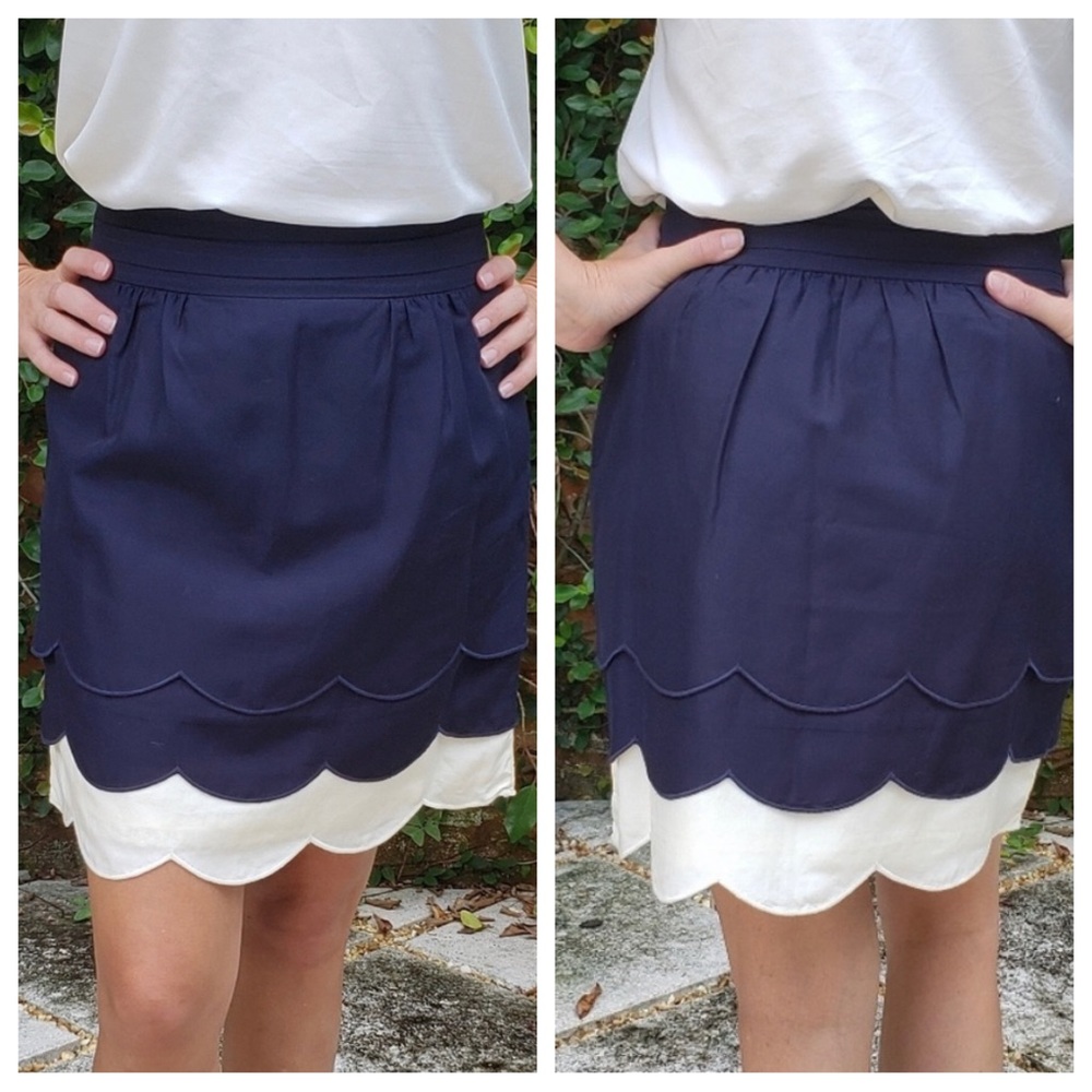 NWOT Anthropologie Floreat Navy and Cream Tiered Scalloped Hem Cloud Skirt 6